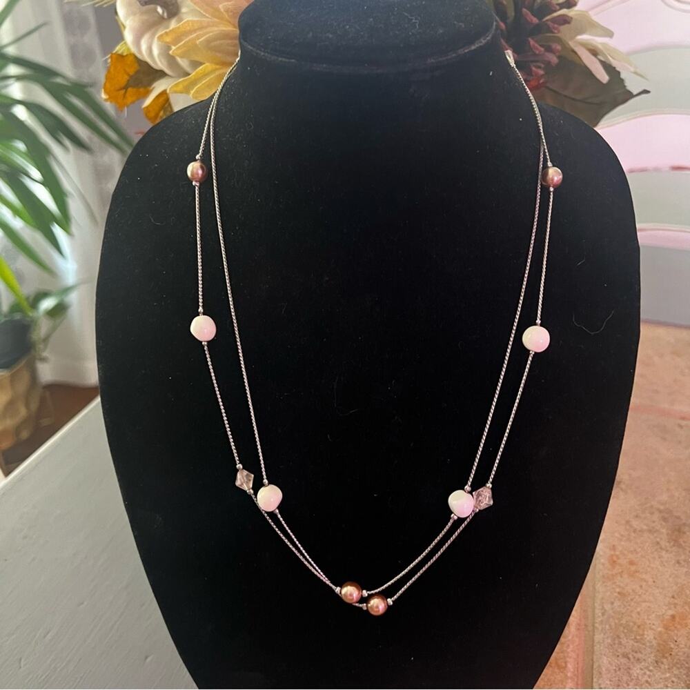 Long Silver Tone Beaded Necklace